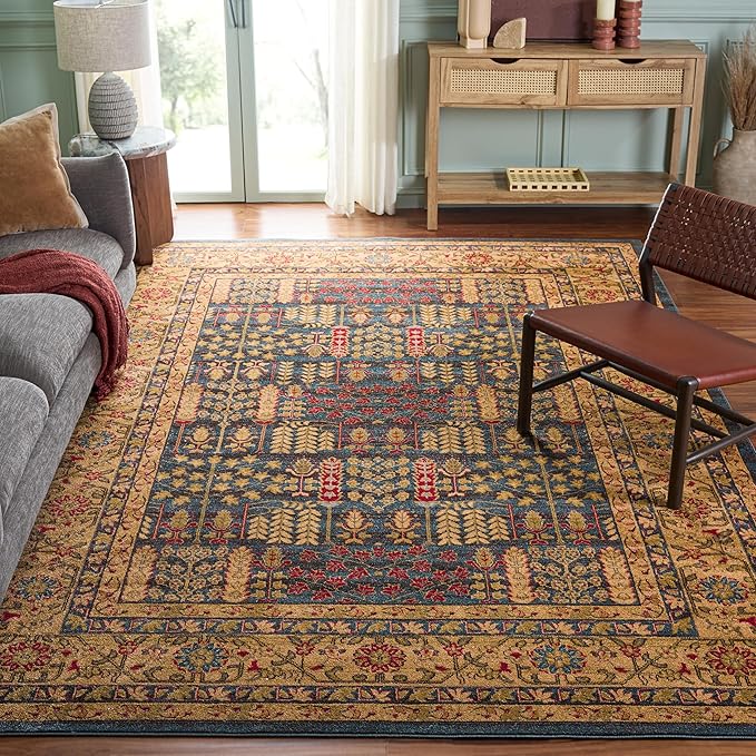 SAFAVIEH Mahal Collection X-Large Area Rug - 11' x 16', Navy & Natural, Traditional Oriental Design, Non-Shedding & Easy Care, Ideal for High Traffic Areas in Living Room, Bedroom (MAH697E)