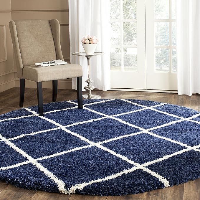 SAFAVIEH Hudson Shag Collection Area Rug - 11' Round, Navy & Ivory, Modern Trellis Design, Non-Shedding & Easy Care, 2-inch Thick Ideal for High Traffic Areas in Living Room, Bedroom (SGH281C)