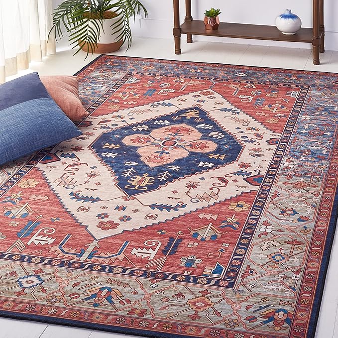 SAFAVIEH Washable Rug Tucson Collection - 4' x 6', Rust & Blue, Slip Resistant & Easy to Clean, Ideal for Foyer, Kitchen, Nursery, Office, Bedroom (TSN153P)