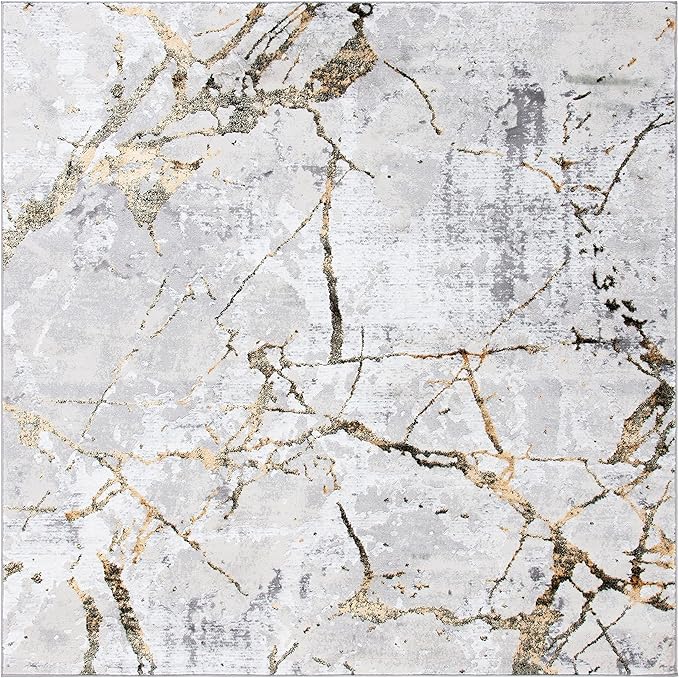 SAFAVIEH Amelia Collection Area Rug - 5' Square, Grey & Gold, Modern Abstract Design, Non-Shedding & Easy Care, Ideal for High Traffic Areas in Living Room, Bedroom (ALA293G)