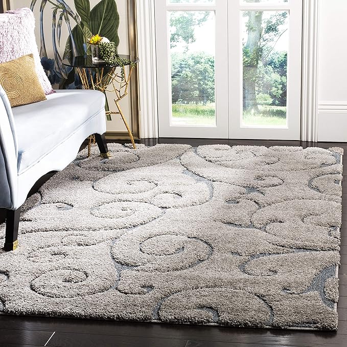 SAFAVIEH Florida Shag Collection Accent Rug - 2'3" x 5', Grey & Light Blue, Scroll Design, Non-Shedding & Easy Care, High-Low Plush Pile, Ideal for Bedroom, Foyer, Hallway (SG455-1160)