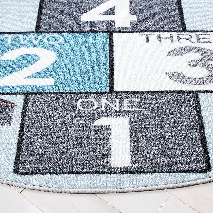 SAFAVIEH Washable Rug Kids Playhouse Collection - 6'7" Round, Grey & Blue, Slip Resistant & Easy to Clean, Ideal for Kids Room, Playroom, Nursery, Boys & Girls Room (KPH226F)