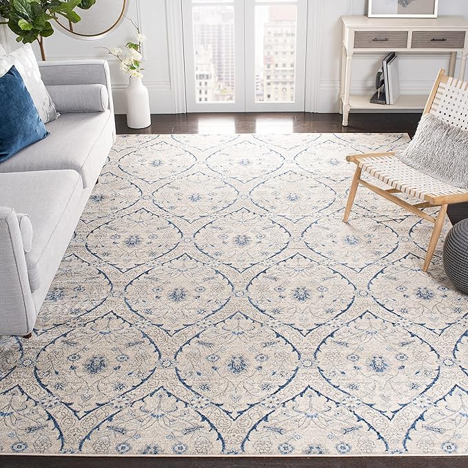 SAFAVIEH Brentwood Collection Area Rug - 6'7" Square, Light Grey & Blue, Floral Damask Ogee Trellis Design, Non-Shedding & Easy Care, Ideal for High Traffic Areas in Living Room, Bedroom (BNT860G)