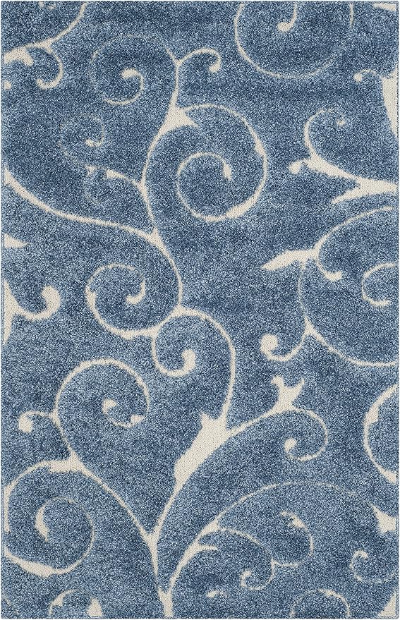 SAFAVIEH Florida Shag Collection Accent Rug - 4' x 6', Light Blue & Cream, Scroll Design, Non-Shedding & Easy Care, High-Low Plush Pile, Ideal for Living Room, Bedroom, Dining Space (SG455-6011)