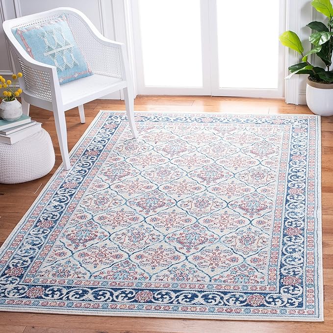 SAFAVIEH Brentwood Collection 4' x 6' Beige / Navy BNT870B Oriental Damask Trellis Non-Shedding Living Room Bedroom Accent Rug