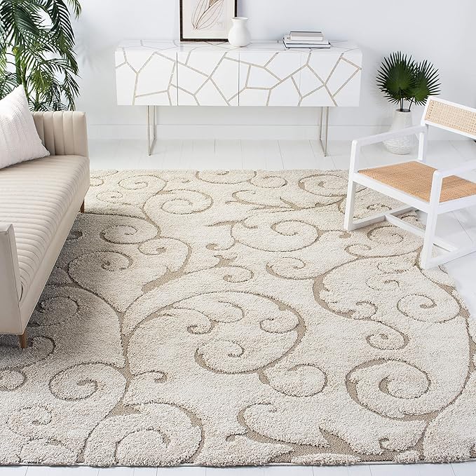 SAFAVIEH Area Rug 9x12 - Florida Shag Collection - Large - Cream & Beige, Scroll Design, Non-Shedding & Easy to Clean, High-Low Plush Pile, Ideal for Living Room, Bedroom, Dining Space (SG455-1113)