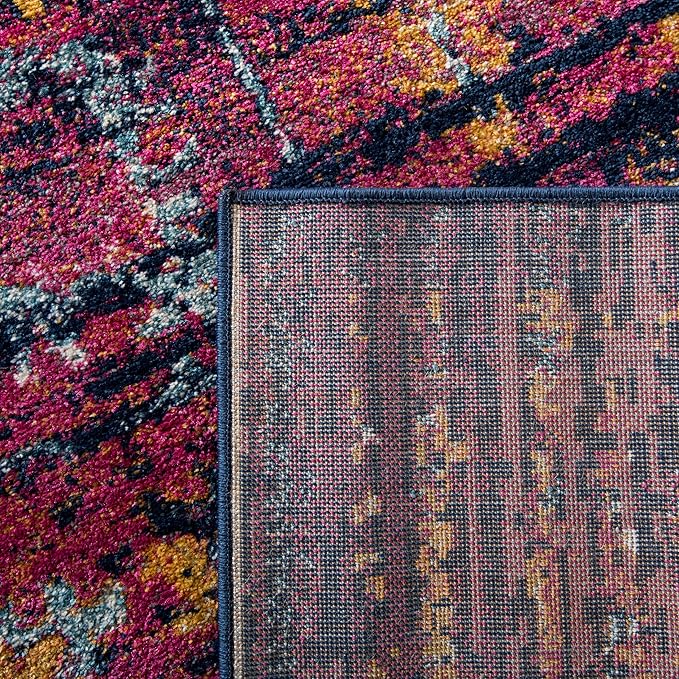 SAFAVIEH Evoke Collection Area Rug - 6'7" Square, Blue & Fuchsia, Oriental Medallion Distressed Design, Non-Shedding & Easy Care, Ideal for High Traffic Areas in Living Room, Bedroom (EVK275F)
