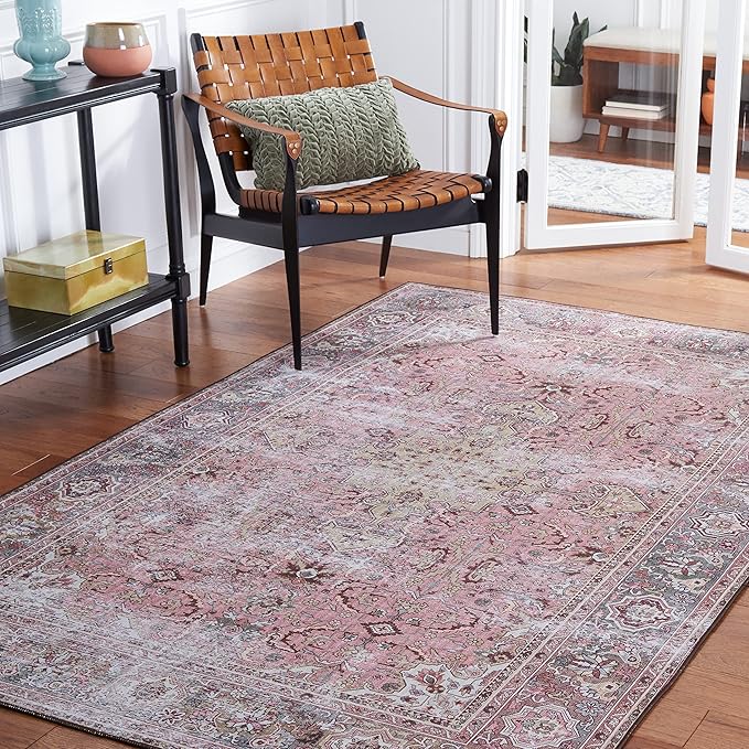 SAFAVIEH Washable Rug Tucson Collection - 5' x 8', Pink & Beige, Slip Resistant & Easy to Clean, Ideal for Living Room, Bedroom, Dining Space (TSN144U)