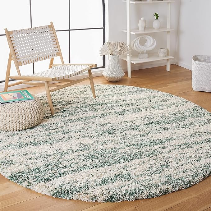 SAFAVIEH Hudson Shag Collection Area Rug - 5' Round, Ivory & Green, Modern Abstract Design, Plush 2-inch Thick, Ideal for High Traffic Areas in Living Room, Bedroom, Dining (SGH206Y-5R)