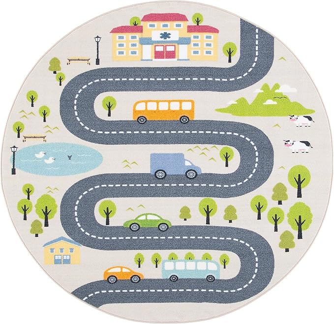 SAFAVIEH Washable Rug Kids Playhouse Collection - 6'7" Round, Beige & Green, Slip Resistant & Easy to Clean, Ideal for Kids Room, Playroom, Nursery, Boys & Girls Room (KPH227A)