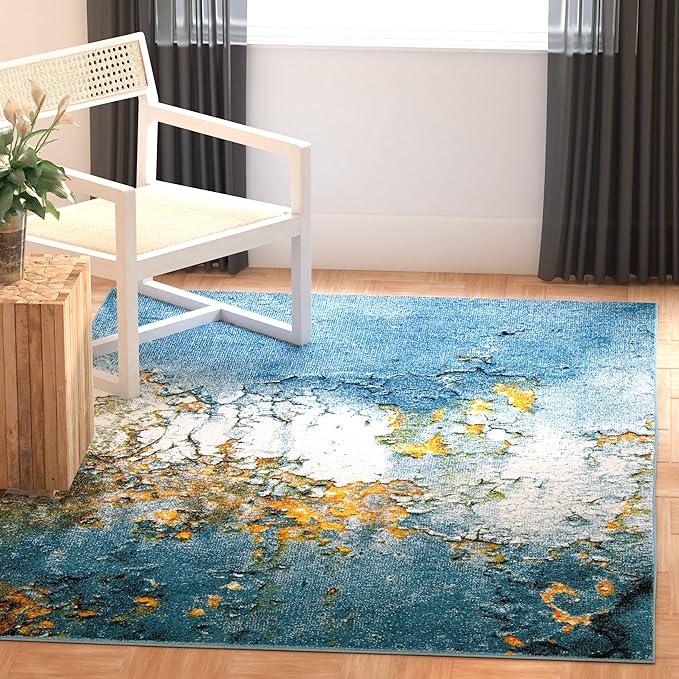 SAFAVIEH Glacier Collection 6'7" x 9' Blue/Gold GLA125M Modern Abstract Non-Shedding Living Room Bedroom Dining Home Office Area Rug