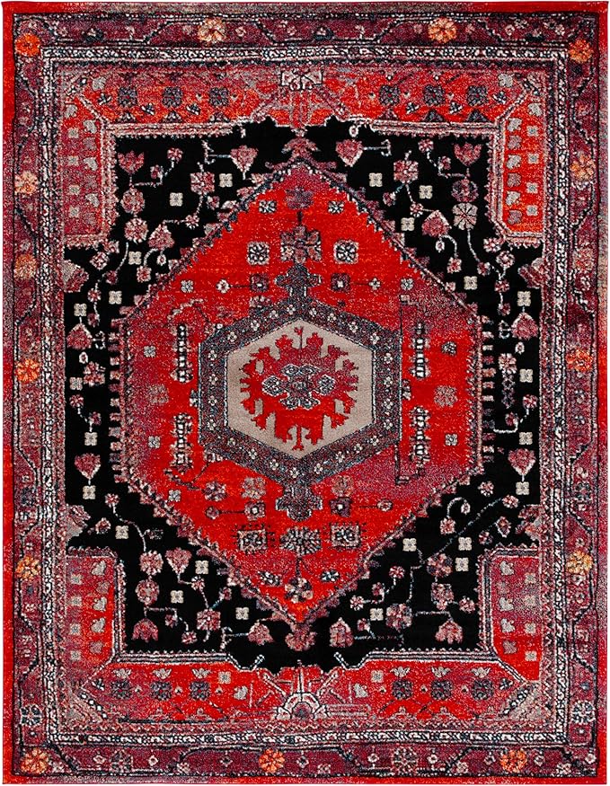SAFAVIEH Vintage Hamadan Collection Area Rug - 9' x 12', Red & Black, Traditional Oriental Design, Non-Shedding & Easy Care, Ideal for High Traffic Areas in Living Room, Bedroom (VTH204Q)