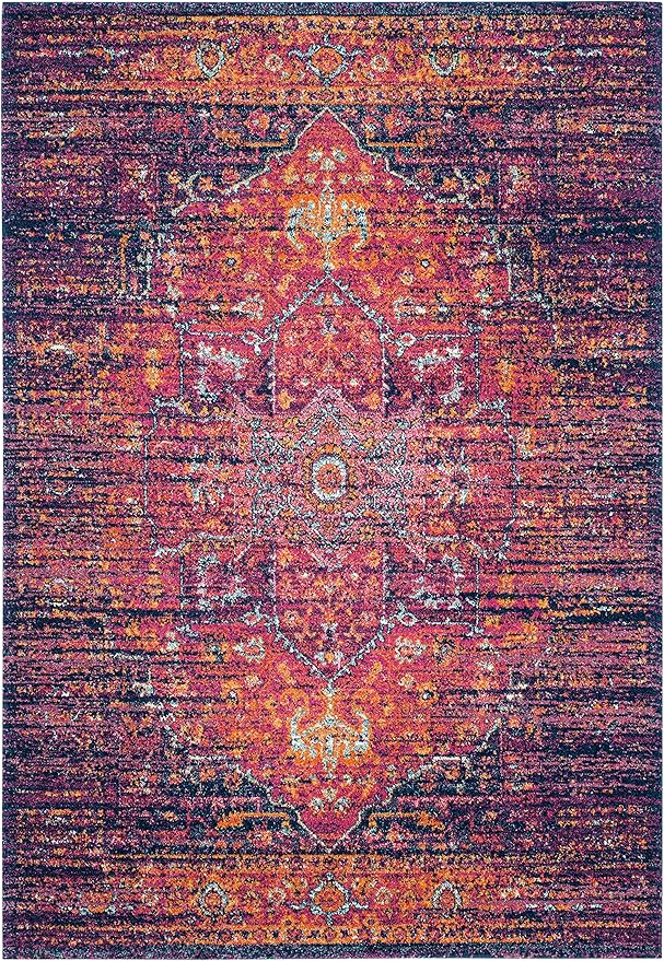 SAFAVIEH Evoke Collection 4' x 6' Blue / Fuchsia EVK275F Oriental Medallion Distressed Non-Shedding Living Room Bedroom Accent Rug