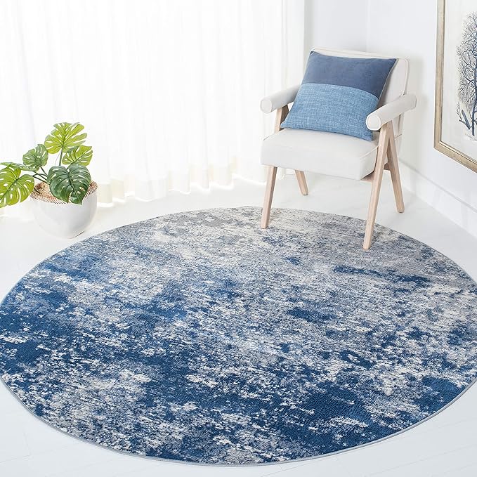 SAFAVIEH Brentwood Collection 3' Round Grey/Navy BNT822G Modern Abstract Non-Shedding Living Room Bedroom Area Rug