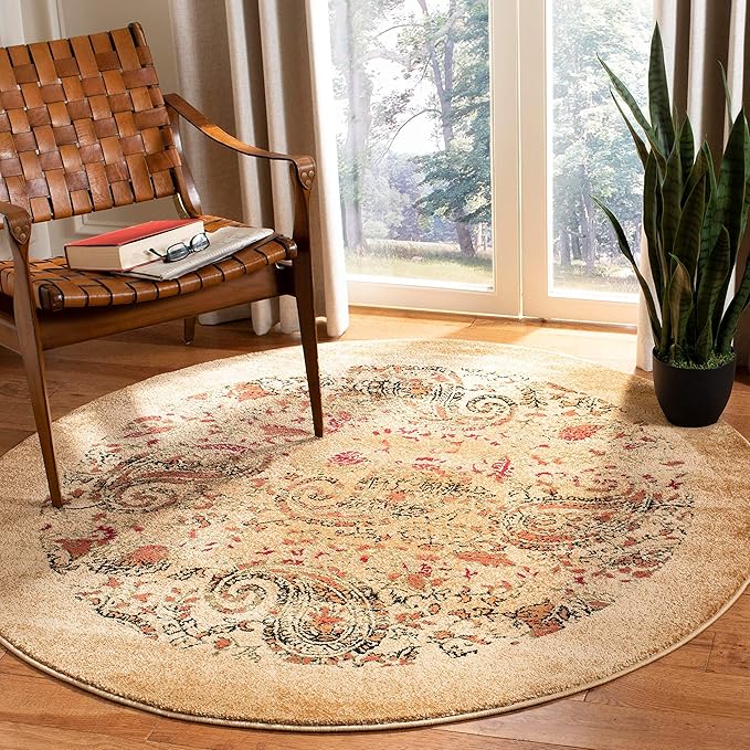 SAFAVIEH Lyndhurst Collection Area Rug - 8' Round, Beige & Multi, Traditional Paisley Design, Non-Shedding & Easy Care, Ideal for High Traffic Areas in Living Room, Bedroom (LNH224A)