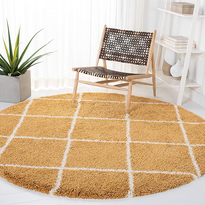 SAFAVIEH Hudson Shag Collection Area Rug - 7' Round, Gold & Ivory, Moroccan Trellis Design, Non-Shedding & Easy Care, 2-inch Thick Ideal for High Traffic Areas in Living Room, Bedroom (SGH281F)