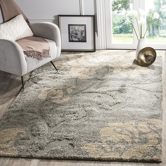 SAFAVIEH Florida Shag Collection Area Rug - 6'7" Square, Grey & Beige, Floral Design, Non-Shedding & Easy Care, 1.2-inch Thick Ideal for High Traffic Areas in Living Room, Bedroom (SG458-8013)