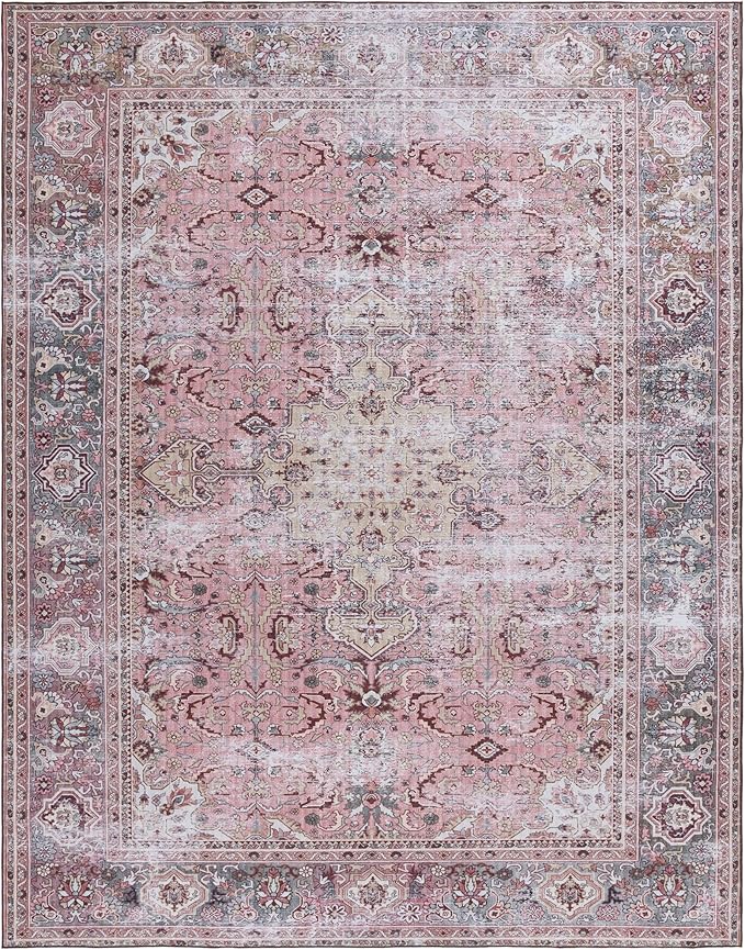 SAFAVIEH Washable Rug Tucson Collection - 9' x 12', Pink & Beige, Slip Resistant & Easy to Clean, Ideal for Living Room, Bedroom, Dining Space (TSN144U)
