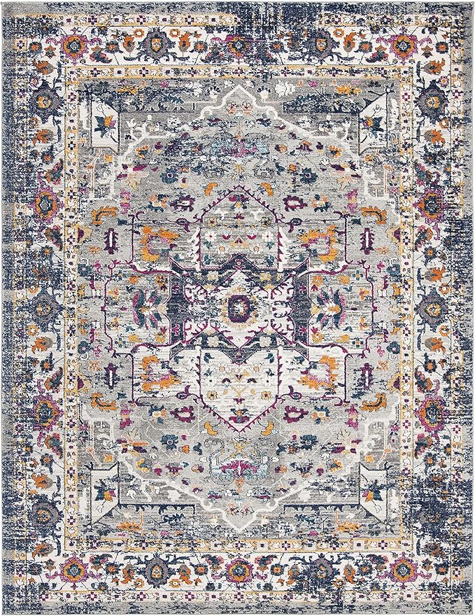 SAFAVIEH Evoke Collection Area Rug - 9' x 12', Grey & Navy, Oriental Medallion Distressed Design, Non-Shedding & Easy Care, Ideal for High Traffic Areas in Living Room, Bedroom (EVK275G)
