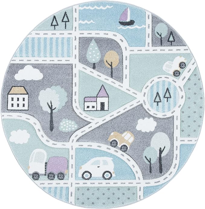 SAFAVIEH Carousel Kids Collection 5'3" Round Grey/Light Blue CRK193F Neighborhood Nursery Playroom Area Rug