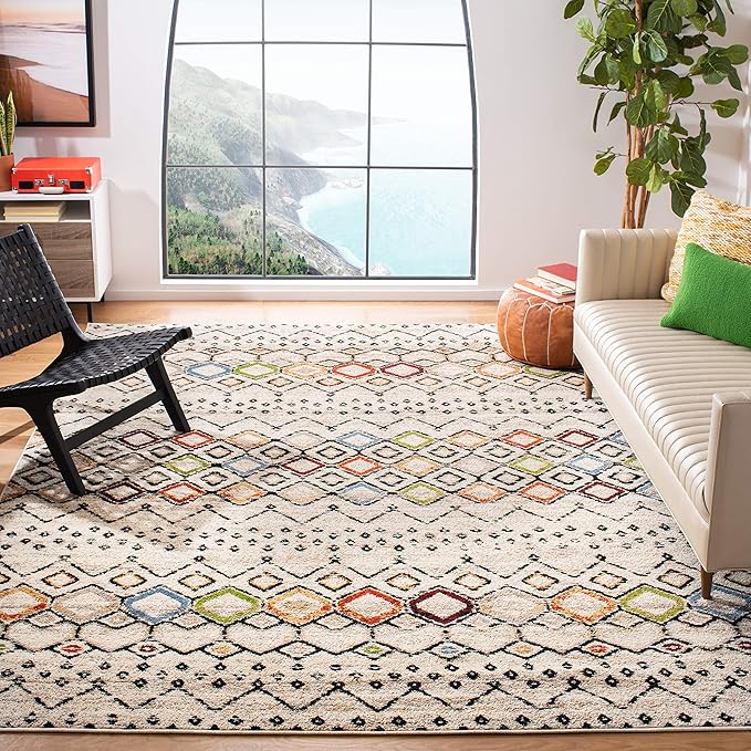 SAFAVIEH Amsterdam Collection X-Large Area Rug - 11' x 15', Ivory & Multi, Moroccan Boho Design, Non-Shedding & Easy Care, Ideal for High Traffic Areas in Living Room, Bedroom (AMS108K)