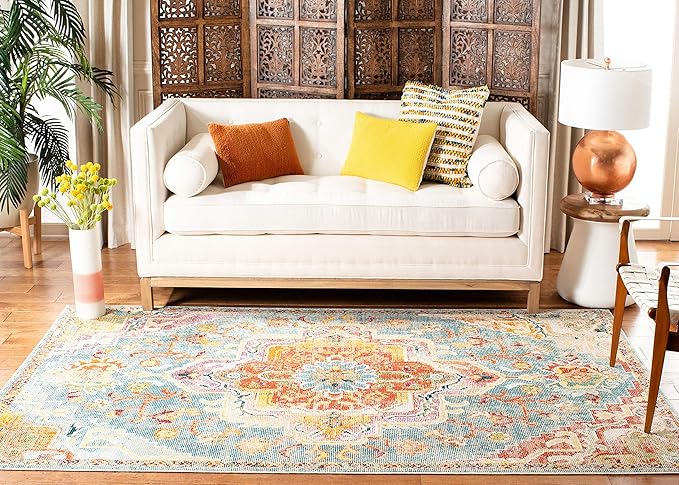 SAFAVIEH Crystal Collection Area Rug - 8' x 10', Orange & Teal, Medallion Distressed Design, Non-Shedding & Easy Care, Ideal for High Traffic Areas in Living Room, Bedroom (CRS501K)
