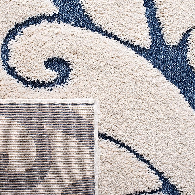 SAFAVIEH Florida Shag Collection Area Rug - 5' Square, Cream & Blue, Scroll Design, Non-Shedding & Easy to Clean, High-Low Plush Pile, Ideal for Living Room, Bedroom, Dining Space (SG455-1165)