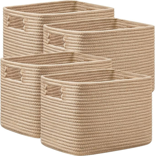 UBBCARE 4 Pack Storage Baskets for Organizing, Shelf Baskets with Handles, Woven Storage Baskets for Bookcase/Cube Shelf/Closet, 14.5"L x 9.8"W x 9"H, Brown