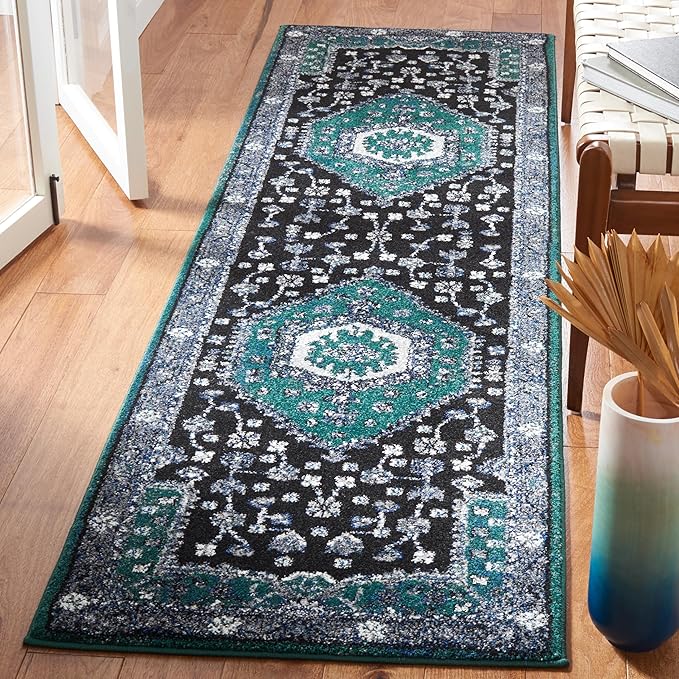 SAFAVIEH Vintage Hamadan Collection Runner Rug - 2'3" x 8', Green & Black, Traditional Oriental Design, Non-Shedding & Easy Care, Ideal for High Traffic Areas in Living Room, Bedroom (VTH204Y)