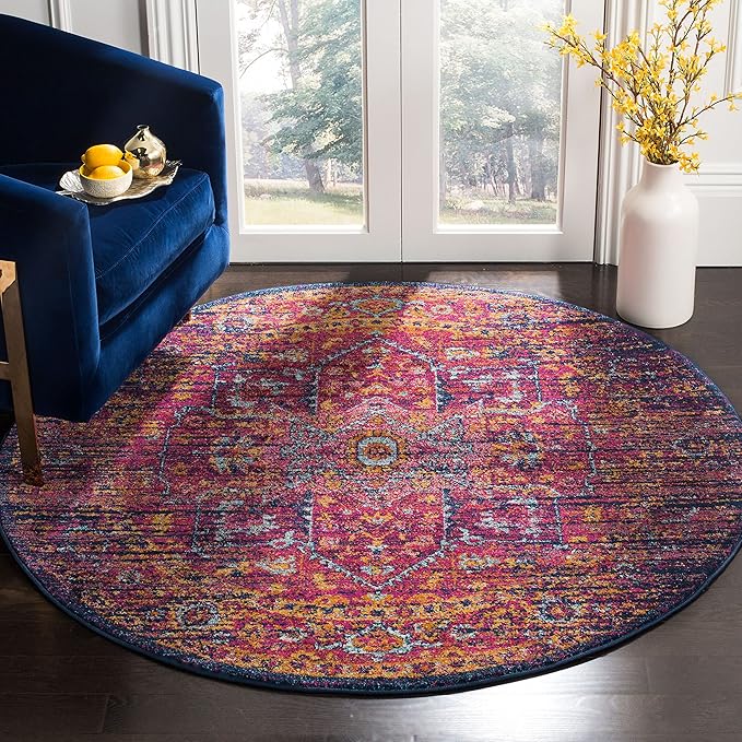SAFAVIEH Evoke Collection Area Rug - 5'3" Round, Blue & Fuchsia, Oriental Medallion Distressed Design, Non-Shedding & Easy Care, Ideal for High Traffic Areas in Living Room, Bedroom (EVK275F)