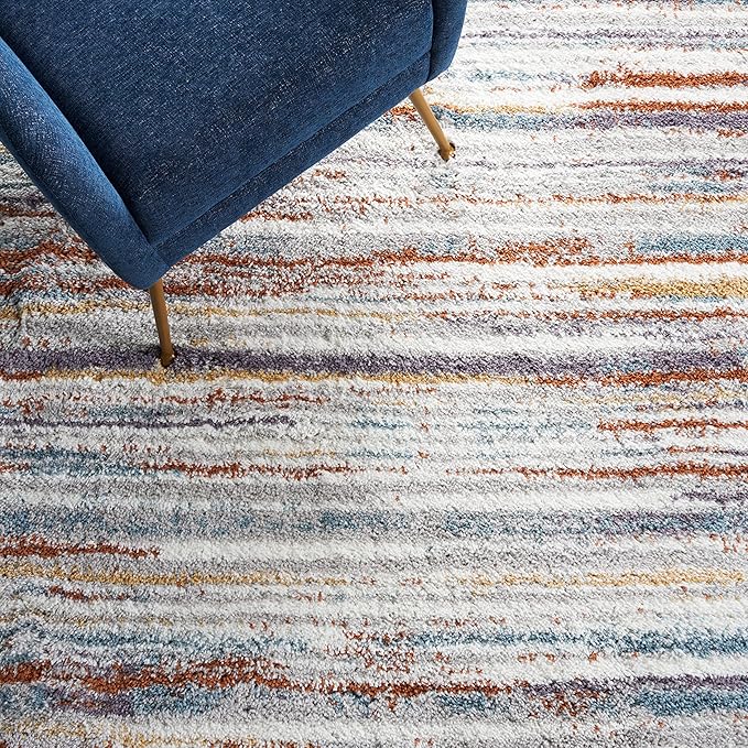 SAFAVIEH Berber Shag Collection Area Rug - 6'7" x 9', Blue Rust & Ivory, Stripe Design, Non-Shedding & Easy Care, 1.25-inch Thick Ideal for High Traffic Areas in Living Room, Bedroom (BER565A)