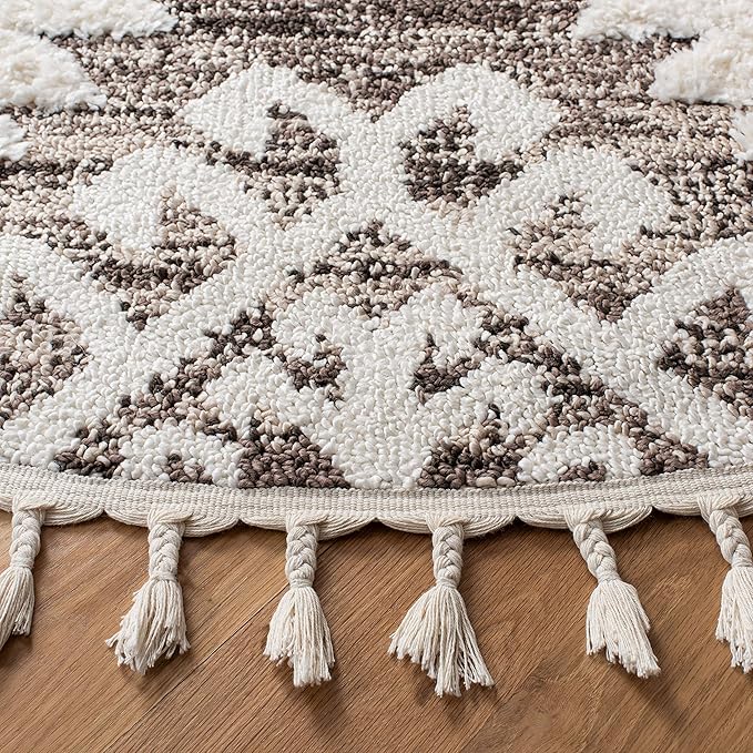 SAFAVIEH Moroccan Tassel Shag Collection Area Rug - 4' Round, Ivory & Brown, Boho Design, Non-Shedding & Easy Care, 2-inch Thick Ideal for High Traffic Areas in Living Room, Bedroom (MTS652A)