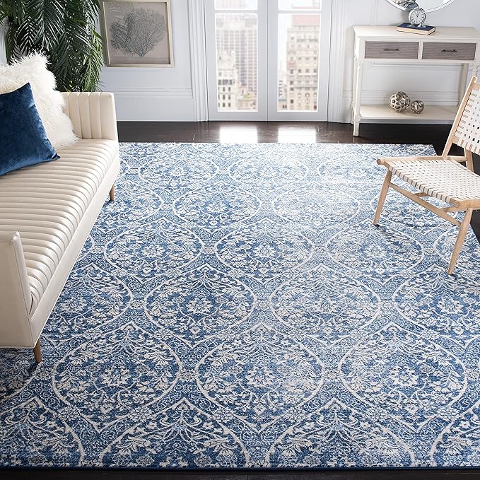 SAFAVIEH Brentwood Collection Area Rug - 9' x 12', Navy & Light Grey, Floral Damask Ogee Trellis Design, Non-Shedding & Easy Care, Ideal for High Traffic Areas in Living Room, Bedroom (BNT860M)