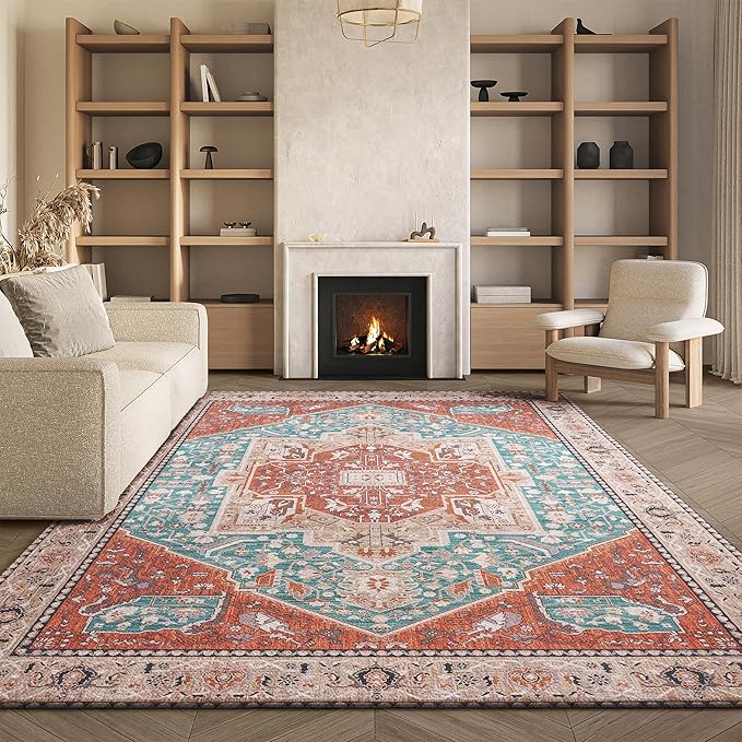 SAFAVIEH Washable Rug Tucson Collection - 8' x 10', Aqua & Rust, Slip Resistant & Easy to Clean, Ideal for Living Room, Bedroom, Dining Space (TSN150J)