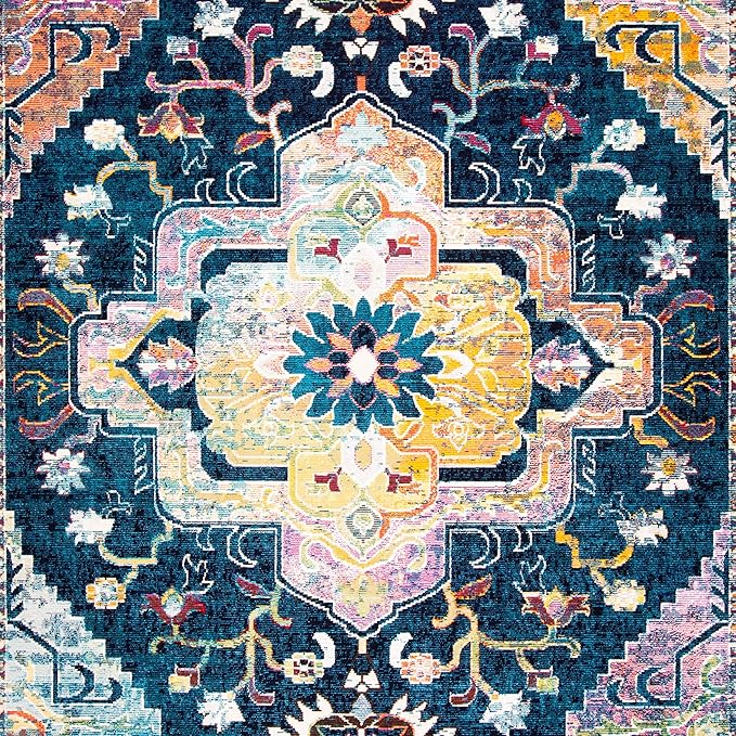 SAFAVIEH Crystal Collection Area Rug - 8' x 10', Navy & Fuchsia, Medallion Distressed Design, Non-Shedding & Easy Care, Ideal for High Traffic Areas in Living Room, Bedroom (CRS501H)