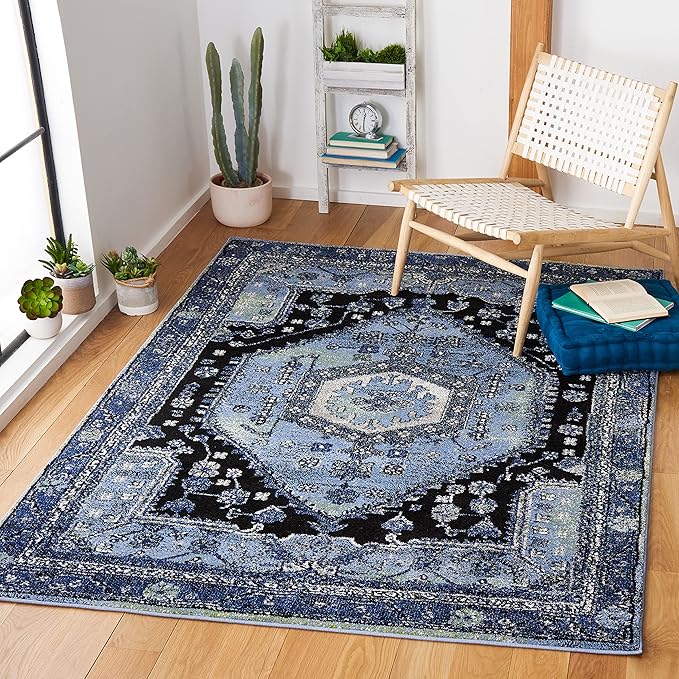 SAFAVIEH Vintage Hamadan Collection Area Rug - 6'7" Square, Light Blue & Black, Traditional Oriental Design, Non-Shedding & Easy Care, Ideal for High Traffic Areas in Living Room, Bedroom (VTH204J)