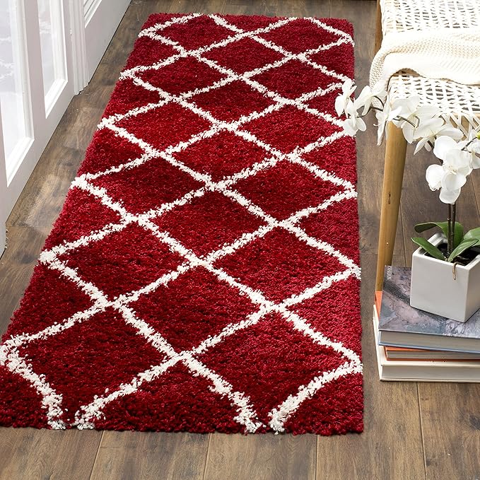 SAFAVIEH Hudson Shag Collection Runner Rug - 2'3" x 14', Red & Ivory, Modern Trellis Design, Non-Shedding & Easy Care, 2-inch Thick Ideal for High Traffic Areas in Living Room, Bedroom (SGH281R)