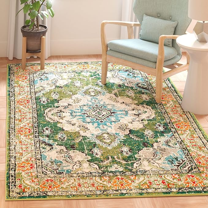 SAFAVIEH Monaco Collection Area Rug - 9' x 12', Forest Green & Light Blue, Non-Shedding & Easy to Clean, Distressed Medallion Design, Ideal for Living Room, Bedroom, Dining Space (MNC243F)