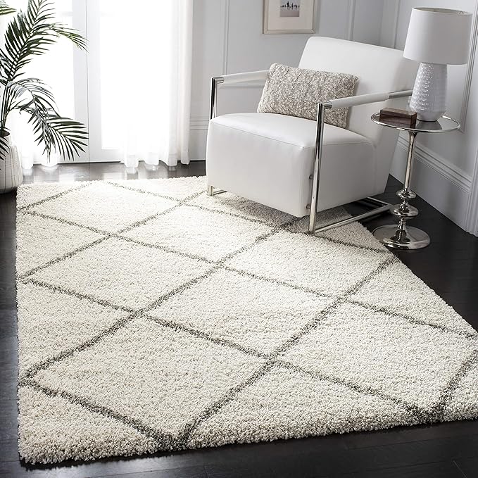 SAFAVIEH Hudson Shag Collection Accent Rug - 3' x 5', Ivory & Grey, Modern Trellis Design, Non-Shedding & Easy Care, 2-inch Thick Ideal for High Traffic Areas in Foyer, Living Room, Bedroom (SGH281A)