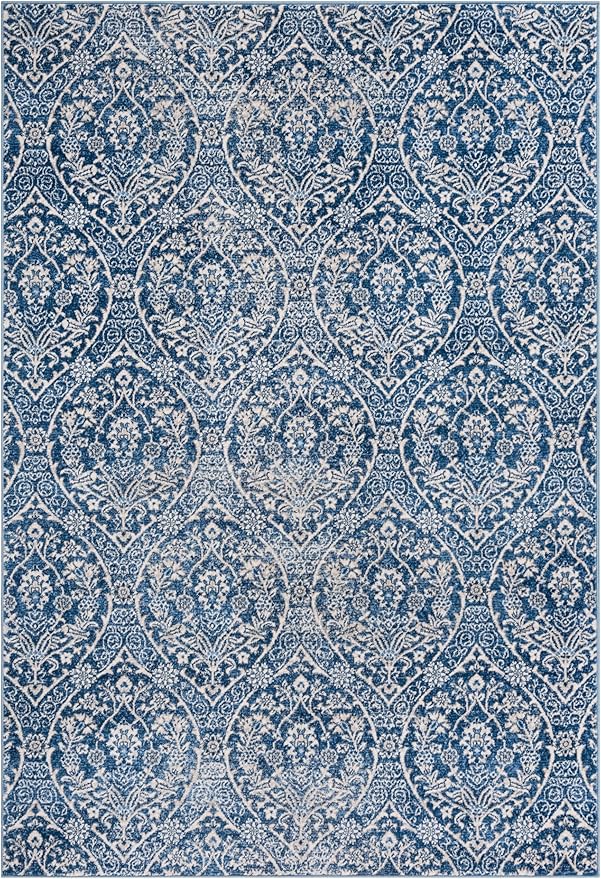 SAFAVIEH Brentwood Collection Area Rug - 5'3" x 7'6", Navy & Light Grey, Floral Damask Ogee Trellis Design, Non-Shedding & Easy Care, Ideal for High Traffic Areas in Living Room, Bedroom (BNT860M)