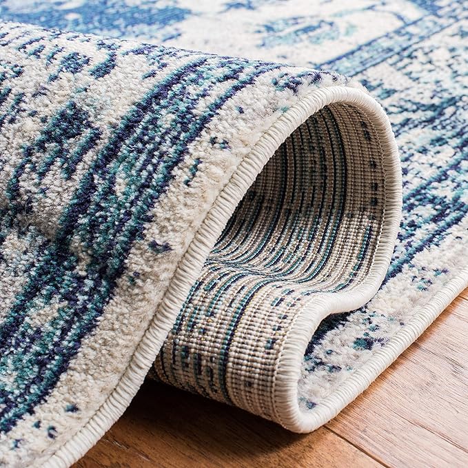 SAFAVIEH Monaco Collection Runner Rug - 2'2" x 12', Ivory & Blue, Non-Shedding & Easy to Clean, Distressed Medallion Design, Ideal for Hallway, Kitchen Foyer, Entryway (MNC243A)