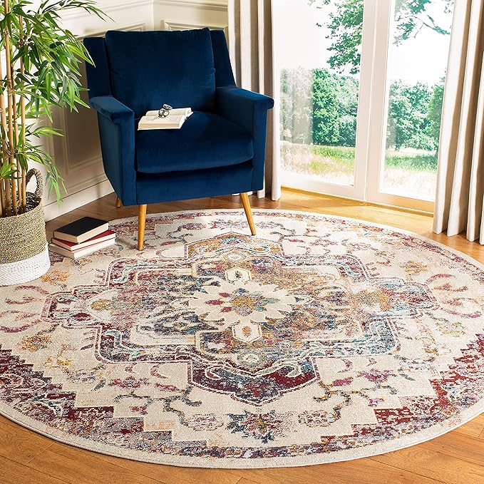 SAFAVIEH Crystal Collection Area Rug - 8' Round, Light Blue & Burgundy, Medallion Distressed Design, Non-Shedding & Easy Care, Ideal for High Traffic Areas in Living Room, Bedroom (CRS501F)