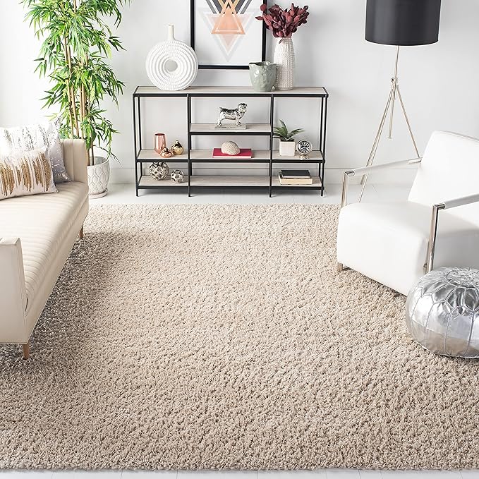 SAFAVIEH August Shag Collection Area Rug - 6'7" Square, Beige, Solid Design, Non-Shedding & Easy Care, 1.5-inch Thick Ideal for High Traffic Areas in Living Room, Bedroom (AUG200D)