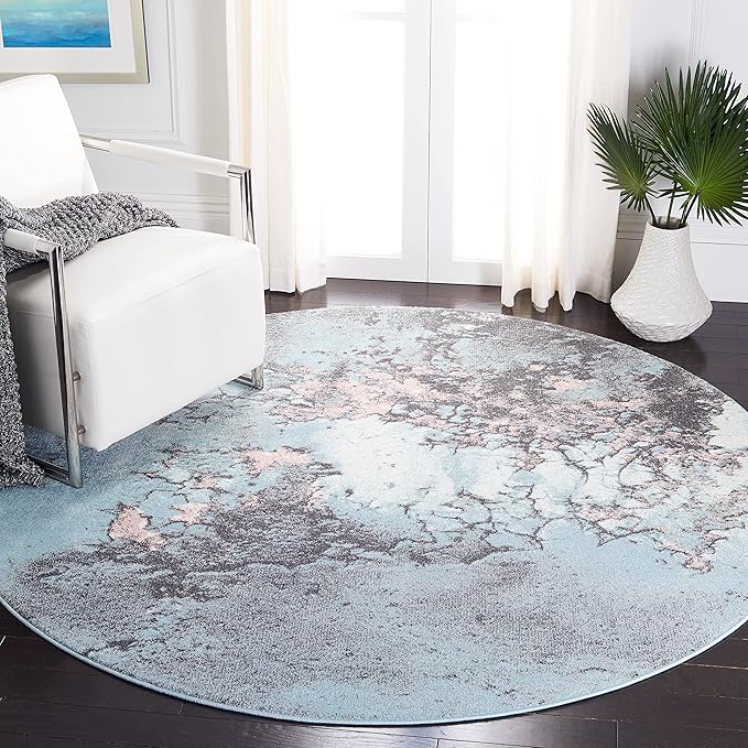 SAFAVIEH Glacier Collection 3' Round Blue/Pink GLA125L Modern Abstract Non-Shedding Living Room Bedroom Area Rug