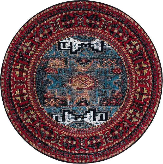 SAFAVIEH Vintage Hamadan Collection Area Rug - 6'7" Round, Red & Light Blue, Persian Design, Non-Shedding & Easy Care, Ideal for High Traffic Areas in Living Room, Bedroom (VTH213Q)