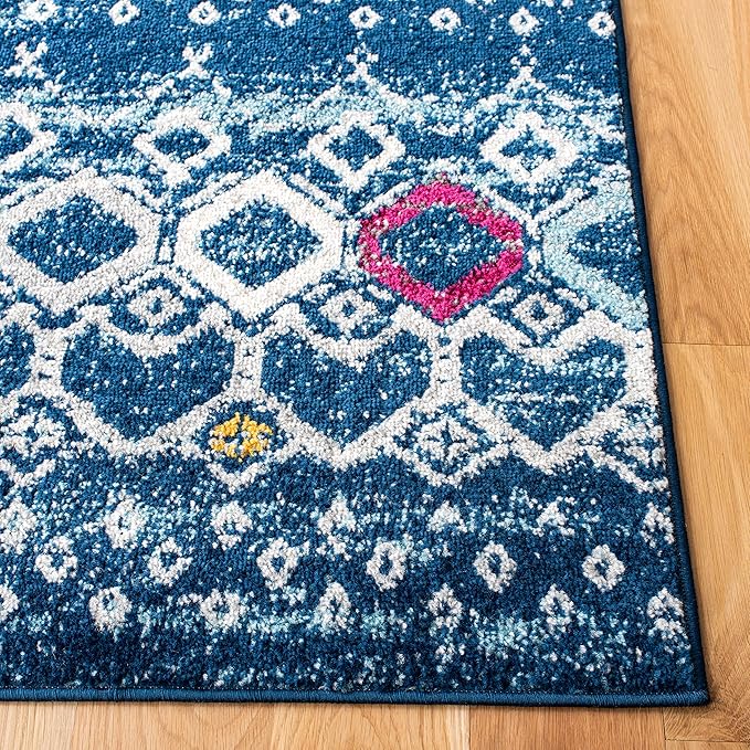 SAFAVIEH Amsterdam Collection Accent Rug - 4' x 6', Navy & Turquoise, Moroccan Boho Design, Non-Shedding & Easy Care, Ideal for High Traffic Areas in Entryway, Living Room, Bedroom (AMS108M)