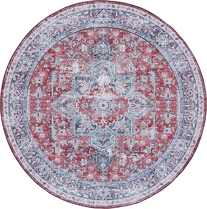 SAFAVIEH Washable Rug Tucson Collection - 6' Round, Red & Navy, Slip Resistant & Easy to Clean, Ideal for Living Room, Bedroom, Dining Space (TSN101S)