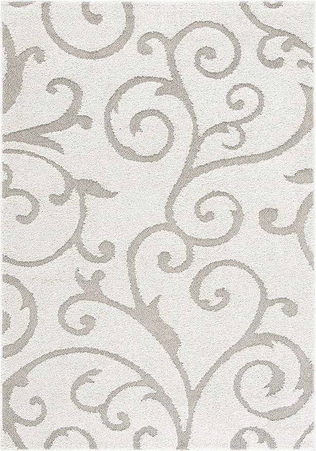 SAFAVIEH Florida Shag Collection Area Rug - 5'3" x 7'6", Ivory & Beige, Scroll Design, Non-Shedding & Easy to Clean, High-Low Plush Pile, Ideal for Living Room, Bedroom, Dining Space (SG455-13LT)