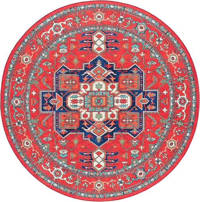 SAFAVIEH Washable Rug Orlando Collection - 6'7" Round, Red & Beige, Non-Shedding & Easy to Clean, Ideal for Living Room, Bedroom, Dining Space (ORL758Q)