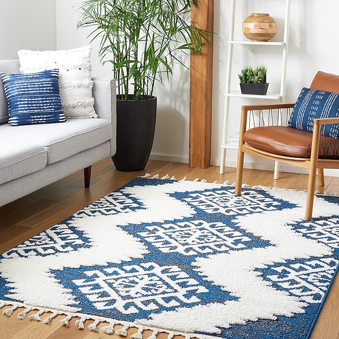 SAFAVIEH Moroccan Tassel Shag Collection Area Rug - 10' x 14', Navy & Ivory, Boho Rustic Trellis, Non-Shedding & Easy Care, 2-inch Thick Ideal for High Traffic Areas in Living Room, Bedroom (MTS652N)